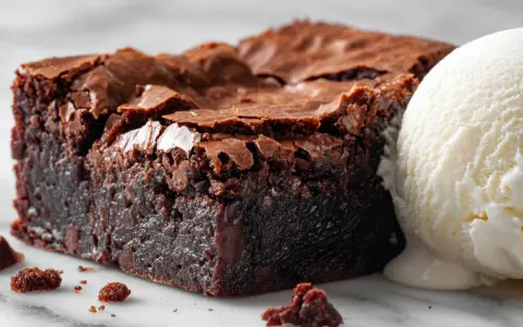 Un carré de tarte brownie, dense et chocolaté, avec une boule de glace à la vanille fondante. Un délice gourmand.