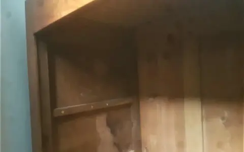 Intérieur d'une armoire ancienne en bois, prête à démonter. Les étagères sont visibles, ainsi que les marques du temps.