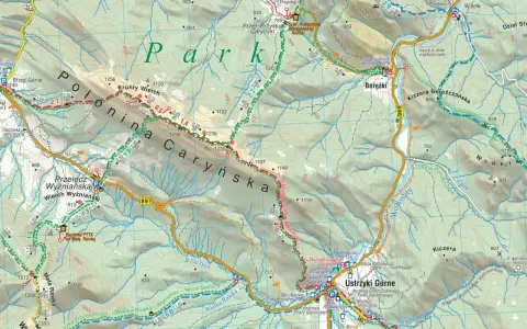 Mapa turystyczna Bieszczadów, szlaki od Krakowa po Ustrzyki Górne, z zaznaczonymi Połoniną Caryńską i Berezkami.