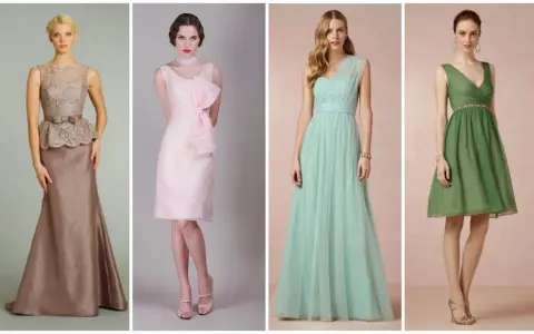 Modelli di abiti eleganti per un matrimonio di giorno: un lungo color tortora, un corto rosa con fiocco, un lungo menta e un corto verde.