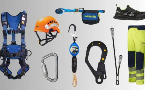 Equipo de seguridad para epis taller: arnés, casco, mosquetones, anticaídas, calzado y pantalón de alta visibilidad.