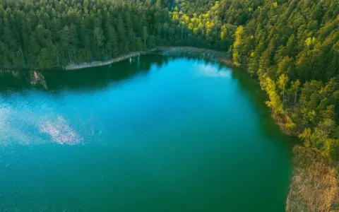 Turkusowe jezioro otoczone lasem, jakby ukryte w okolicach Międzyzdrojów.