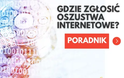 Grafika przedstawia dysk twardy z nałożonym kodem binarnym i tekstem "Gdzie zgłosić oszustwa internetowe?".