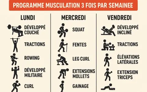 Programme de renforcement musculaire : combien de fois par semaine ? Lundi, mercredi, vendredi : développé couché, tractions, rowing, squat, fentes, leg curl, développé incliné, élévations latérales, extension triceps.