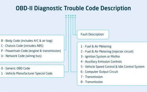 Diagram explaining OBD-II diagnostic trouble code categories (Body, Chassis, Powertrain, Network) and fault descriptions like Fuel & Air Metering.