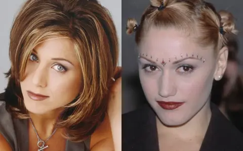 Ikony lat 90. z charakterystycznymi fryzurami: Jennifer Aniston z warstwową, brązową fryzurą i Gwen Stefani z kucykami i ozdobami na czole.