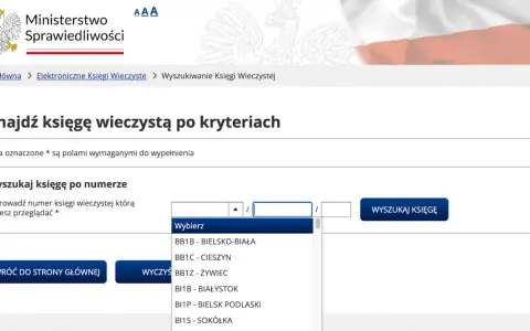 Formularz wyszukiwania księgi wieczystej. Można tu wprowadzić numer księgi, aby znaleźć informacje o nieruchomości.