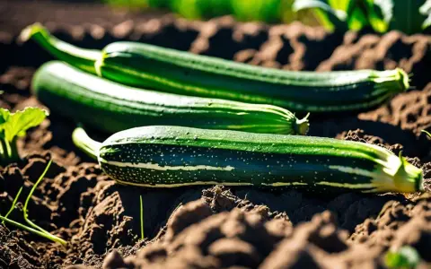 Trois courgettes vertes, fruits ou légumes, reposent sur la terre. Leurs rayures claires et leurs points blancs ressortent sur le sol brun.