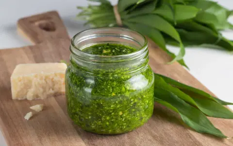 Pesto ail des ours fait maison dans un bocal, avec du fromage et des feuilles fraîches sur une planche en bois.