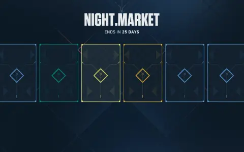 Nocny rynek Valorant: sześć kart z niebieskimi, zielonymi i żółtymi ramkami, każda z symbolem rombu.