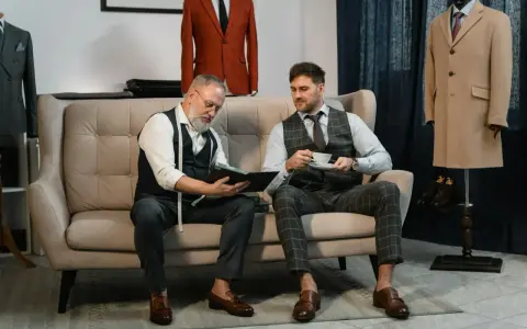 Dwóch mężczyzn w eleganckich kamizelkach i garniturach omawia stylizacje na święta bożego narodzenia. Jeden czyta książkę, drugi pije kawę.