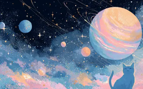 Niebieski kot obserwuje Jowisza w Pannie, otoczonego pierścieniami i innymi planetami w pastelowej mgławicy.