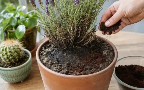 Une main saupoudre du marc de café répulsif autour d'une plante en pot. D'autres plantes sont visibles en arrière-plan.