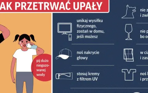 Ilustracja pokazuje sposoby na upały: pij dużo wody, unikaj wysiłku, noś nakrycie głowy, nie zostawiaj dzieci i zwierząt w aucie.