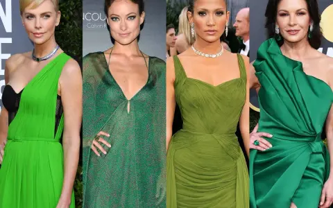 Charlize Theron, Olivia Wilde, Jennifer Lopez et Catherine Zeta-Jones arborent des robes vertes. Quelle couleur va avec le vert foncé ? Le vert émeraude, le vert pomme, le vert olive... toutes ces nuances subliment ces stars.