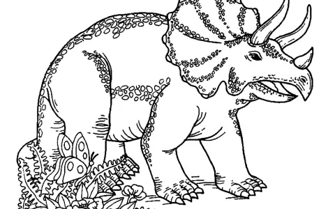Triceratops kolorowanka z motylem i kwiatami. Dinozaur czeka na kolory!