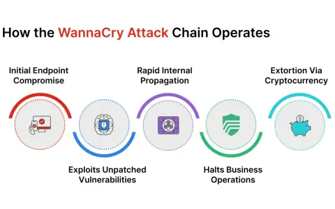 Schadsoftware-Angriffskette: WannaCry infiziert, verbreitet sich, stoppt Betrieb und fordert Lösegeld in Kryptowährung. Ransomware-Beispiele wie dieses zeigen die Gefahr.
