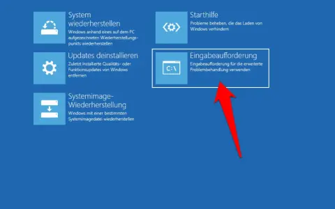 Windows-Wiederherstellungsoptionen: Systemwiederherstellung, Updates deinstallieren, Systemimage-Wiederherstellung, Starthilfe, Eingabeaufforderung. Hier kann man Windows 11 auf Windows 10 downgraden.
