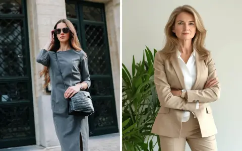 Dos mujeres con estilo business casual. Una lleva un vestido gris y bolso negro, la otra un traje beige y camisa blanca.