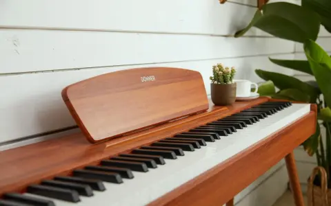 Eleganckie pianino cyfrowe Donner, idealne do nauki gry na pianinie online. Obok stoi filiżanka kawy i mała roślinka.
