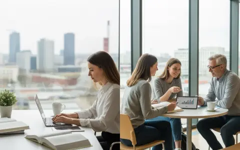 Kobieta pracuje na laptopie, a obok dwie studentki i wykładowca omawiają wykresy. Idealne do studiów online Śląsk.