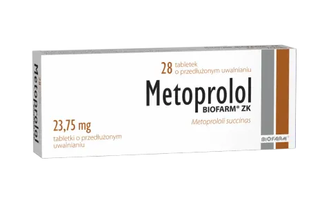 Opakowanie leku Metoprolol ZK 23,75 mg, zawierające 28 tabletek o przedłużonym uwalnianiu od Biofarm.