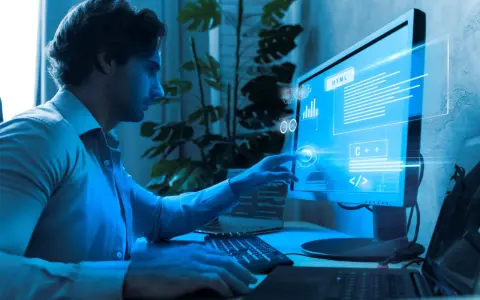 Programista analizuje kod na monitorze, szukając **defekt co to** jest. Widać fragmenty HTML i C++.