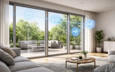 Modern living room with large sliding windows showing a patio and garden. Icons indicate smart home features like temperature control and connectivity, highlighting the **ventanas inteligentes**.