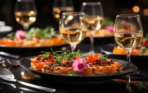 Un délicieux repas EVJF avec des assiettes raffinées, des garnitures colorées et des verres de vin blanc pétillant.