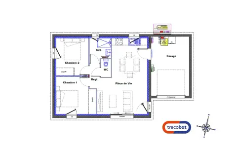 Plan d'une petite maison 50m2 avec deux chambres, une pièce de vie, une salle de bain, WC et un garage.