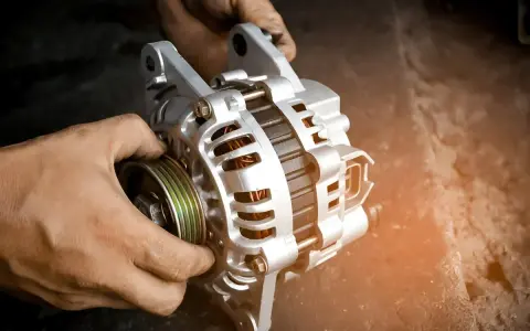 Hände halten eine Lichtmaschine. Sie ist ein wichtiges Bauteil, das Strom erzeugt, damit das Auto fährt.