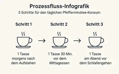 Infografik: 3 Schritte für täglichen Pfefferminztee-Konsum zur Unterstützung beim Abnehmen: morgens, mittags und abends.