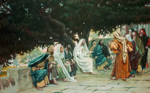 Jesus debates with the Sadducees in the Bible, who questioned his teachings under a large tree.