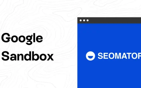 Text "Google Sandbox" neben einem blauen Fenster mit dem SEOMATOR-Logo.