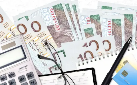 Zestaw do windykacji: banknoty, kalkulator, okulary i długopis. Bocian symbolizuje nadzieję na odzyskanie należności.