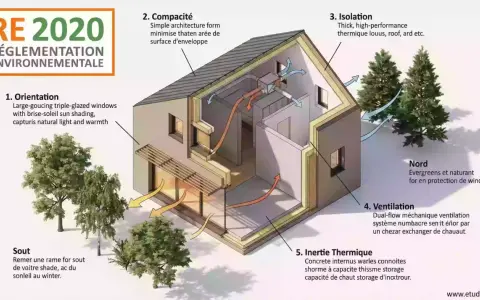 Maison économe en énergie RE 2020 : orientation, compacité, isolation, ventilation et inertie thermique pour un confort durable.