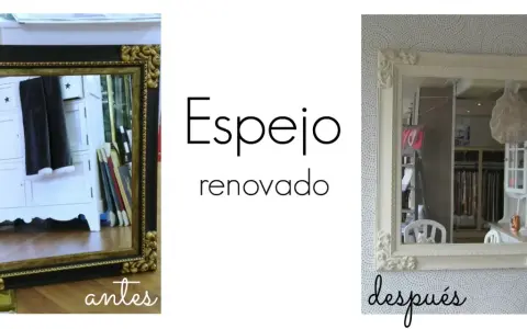 Espejos antiguos pintados a la tiza, antes y después. Un espejo con marco negro y dorado, y otro renovado en blanco.