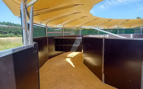 Intérieur d'un marcheur pour chevaux, avec sol sablonneux, parois sombres et toit en toile jaune. Idéal pour comprendre comment fabriquer un marcheur pour chevaux.