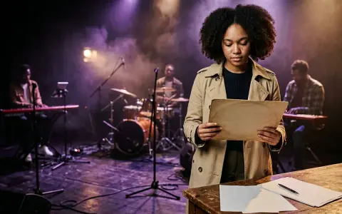 Jeune artiste auteur, concentrée sur ses partitions, sur scène avec son groupe. La cotisation artiste auteur est essentielle pour sa carrière.