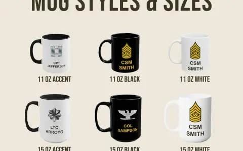 Seis tazas militares de diferentes tamaños y colores, cada una con un nombre y rango militar.