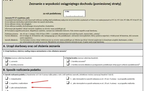 Formularz PIT-37, sekcja "Rodzaj korekty" zaznaczona opcja "korekta zeznania". Wskazanie sposobu rozliczenia podatku: wspólnie z małżonkiem lub jako wdowa/wdowiec.