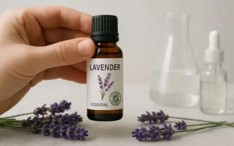 Mano sostiene botella de aceite esencial de lavanda, rodeada de flores. Descubre sus propiedades relajantes.