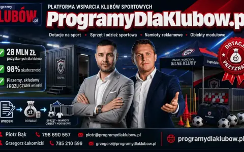 Dwie osoby prezentują platformę wsparcia klubów sportowych. Oferują pomoc w pozyskiwaniu środków, w tym subwencji, na sprzęt i infrastrukturę.