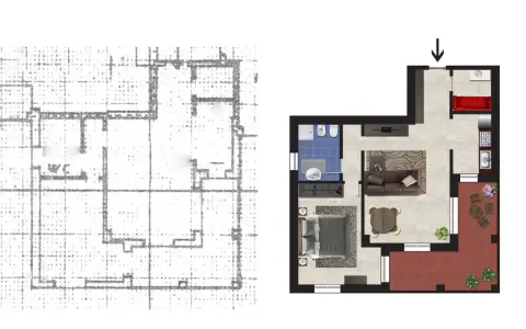 Pianta casa: schizzo grezzo a sinistra, progetto dettagliato a destra con soggiorno, camera, bagno, cucina e terrazzo.