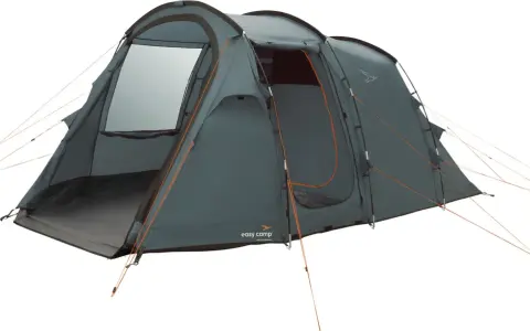 Mörkgrått tält med orange detaljer och ståhöjd. Perfekt för campingäventyr.