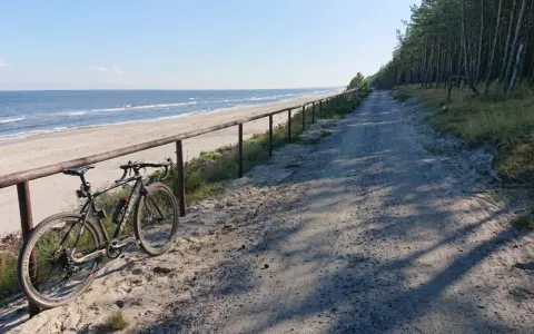 Rower czeka na przygodę na trasie rowerowej Mikoszewo Piaski. Piękny widok na morze i las.