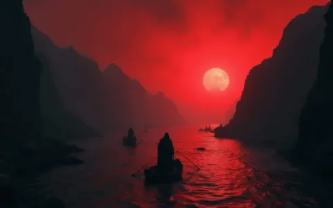 Boote gleiten durch einen blutroten Himmel, der wie eine **Fluss-Unterwelt** wirkt. Berge ragen im Nebel auf, während eine große, rote Mondscheibe den Weg erhellt.