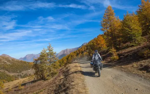 Motociclista su strada sterrata, strada colle delle finestre, con larici dorati e montagne sullo sfondo.