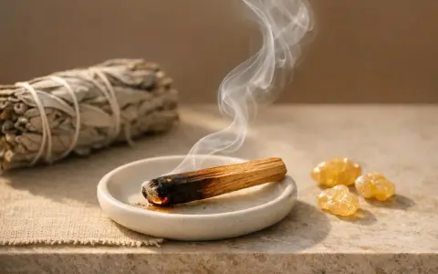 Räucherstäbchen und Harz auf einem Tisch, ein Symbol für Weihrauch im Islam.