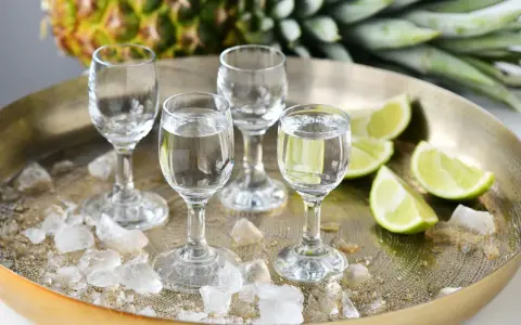 Cztery kieliszki z wódką, lód i limonki na złotej tacy. Idealnie, jak pić wódkę.